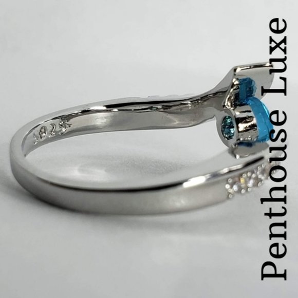 Aquamarine White Sapphire Silver Bypass Swirl Ring - Picture 2 of 5